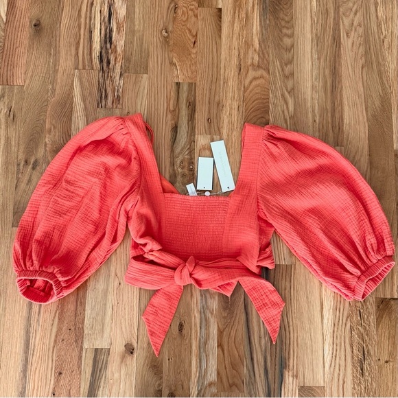 New NWT Jonathan Simkhai Mila Orange Coral Crop Puff Sleeve Wrap Top Size S - Picture 5 of 6
